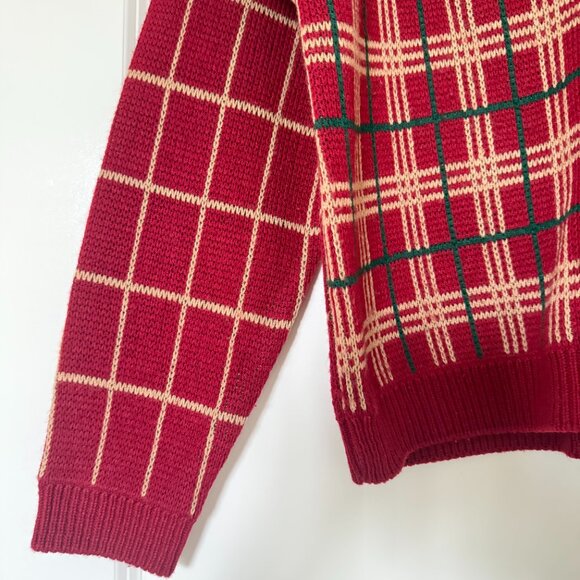 Vintage knit plaid Christmas holiday preppy gift cardigan red grandpa sweater - Picture 6 of 16